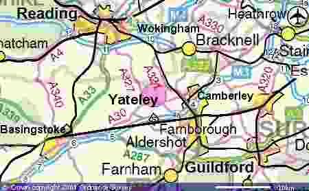 Map of Yateley Farnborough Camberley Workingham Bracknell Farnham Guildford Basingstoke & Reading